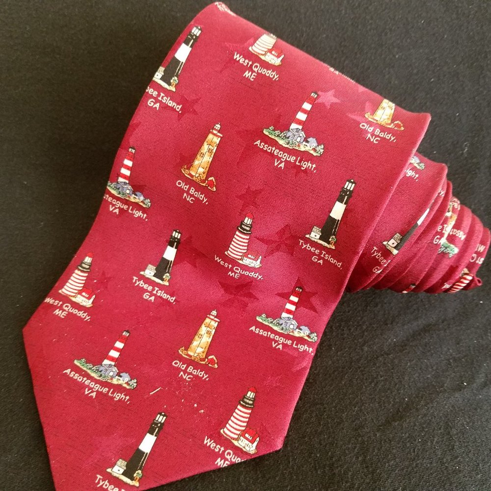 AMERICANA SERIES LIGHT HOUSES Maroon Mens Silk Neck Tie by TANGO Max Raab
